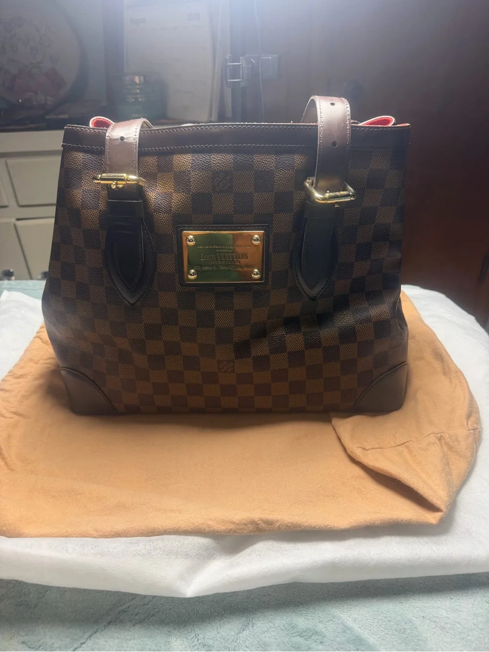 Louis Vuitton Brown Damier Shoulder Bag with Red Interior